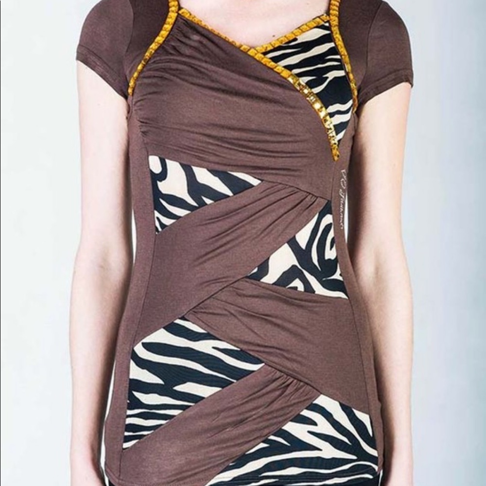 Brown Gold Zebra Print Studded Rhinestone Shirt